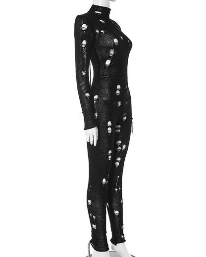 Long-Sleeved Knitted Holes In Slimming Jumpsuits