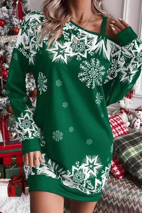 Christmas Snowflake Cold Shoulder Loose Sweatshirt Mini Dress