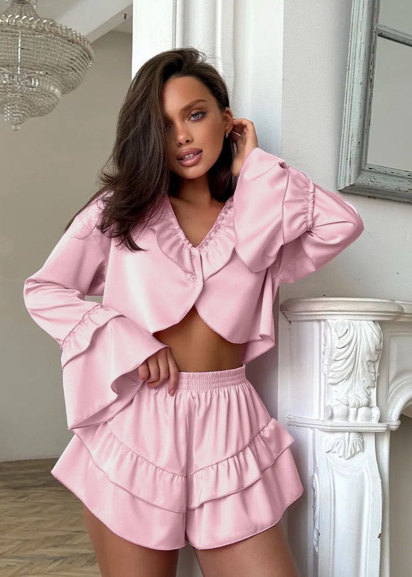 Ruffle Trim Long Sleeve Top and Shorts Set
