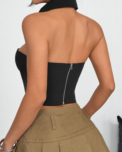 Halter Neck Leopard Print Tie-Strap Herringbone Vest