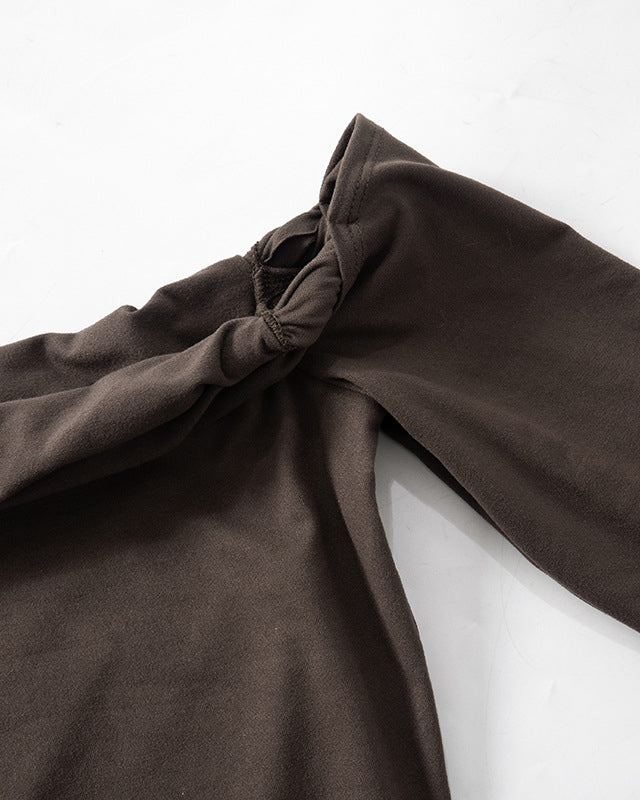 Solid Color Twisted One Shoulder Long Sleeve Top