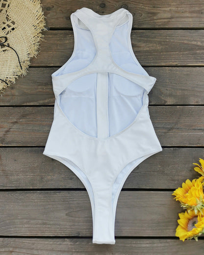 Solid Color Zipper Sleeveless Surfing One-Piece Swimsuit