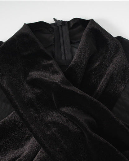 Mesh Velvet Patchwork Cross-Cut Tight Long-Sleeved Jumpsuit