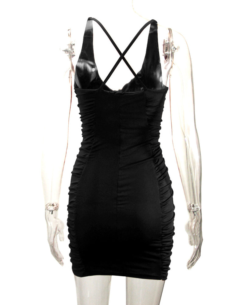 V-Neck Open Back Pleated Hip Dress