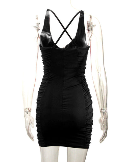 V-Neck Open Back Pleated Hip Dress