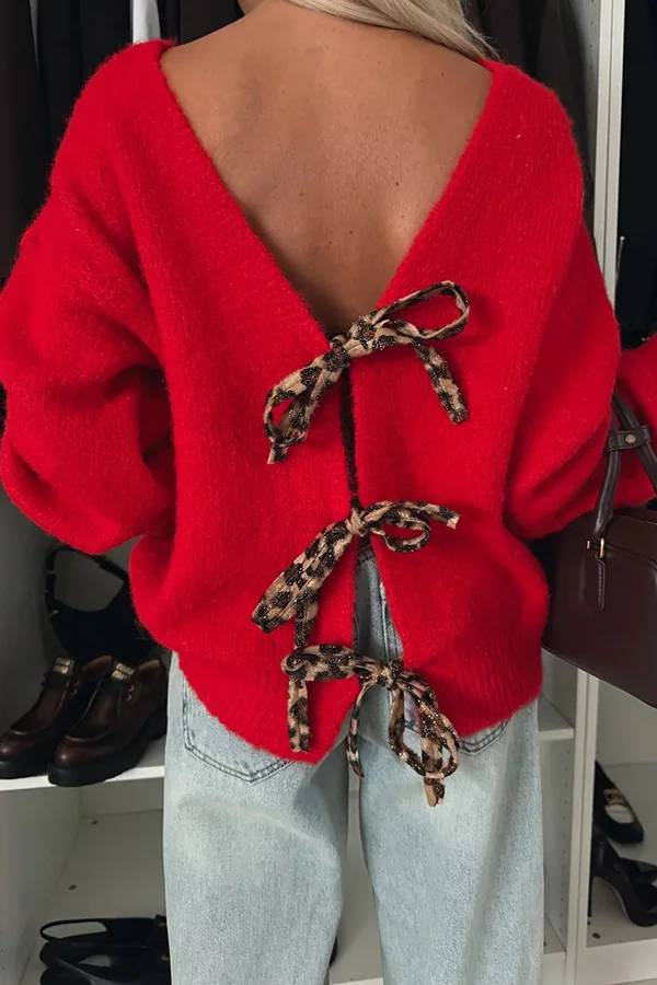 Fashionable Charm Knit Back Leopard Print Bow Tie-up Relaxed Sweater