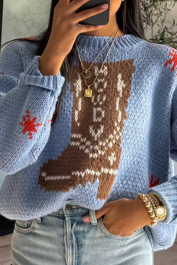Suéter de manga larga con cuello redondo y botas de punto navideñas