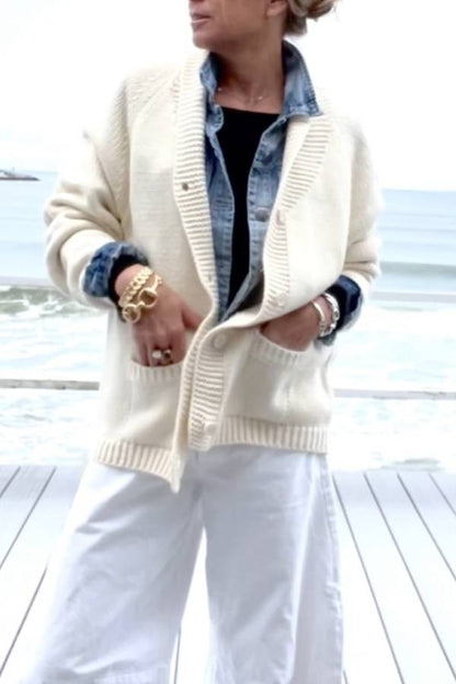 Chunky and Unique Knit Contrast Color Lobster Button Pocket Loose Cardigan