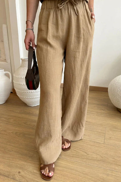 Conjunto informal de dos piezas de chaleco y pantalón de lino y algodón de color liso con cordones