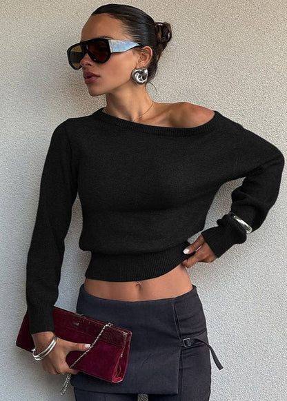 Off-Shoulder Cropped Knit Sweater – Minimalist Elegance