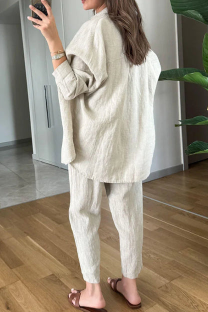 Casual Cotton Linen Shirt \u0026 Cropped Pants Two-Piece Set