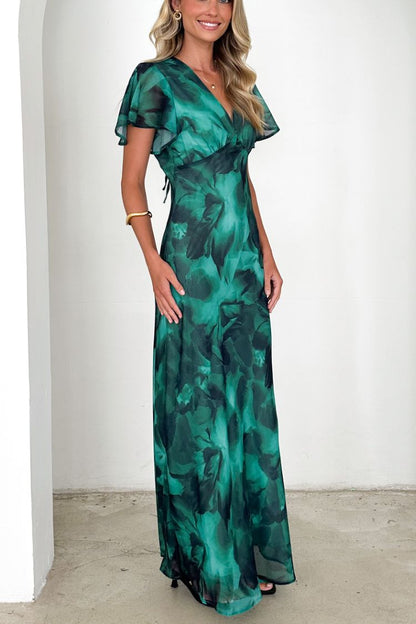 Abstract Print Short Sleeve Belted Wrap Midi Dress