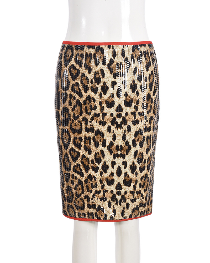 Leopard-Print Sequencine Stretch Skirt