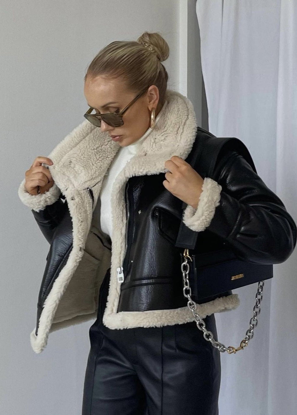 Faux Leather Shearling-Lined Jacket - Edgy Style Meets Cozy Comfort