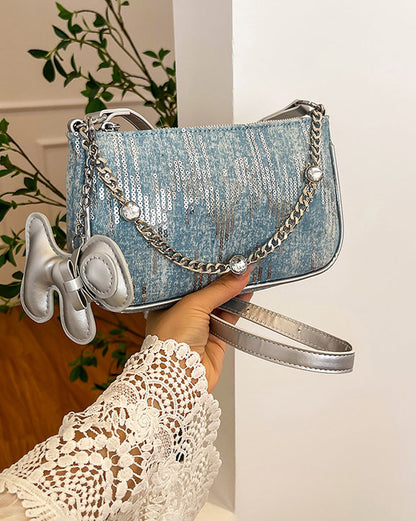 Sequined Denim Handle Underarm Shoulder Bag