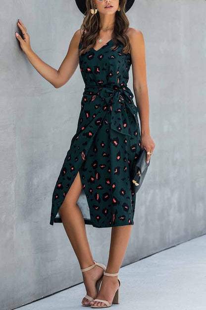 Vestido midi con escote en V y estampado con cinturones (4 colores)