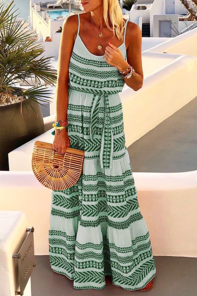 Geometric Printed Loose Ankle Maxi Dress(4 Colors)