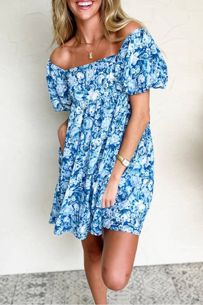 Blue Floral Puff Sleeve Babydoll Mini Dress