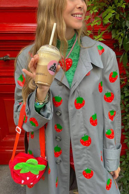 Fashion Fruit Print Long Coat Cherry Trench Coat