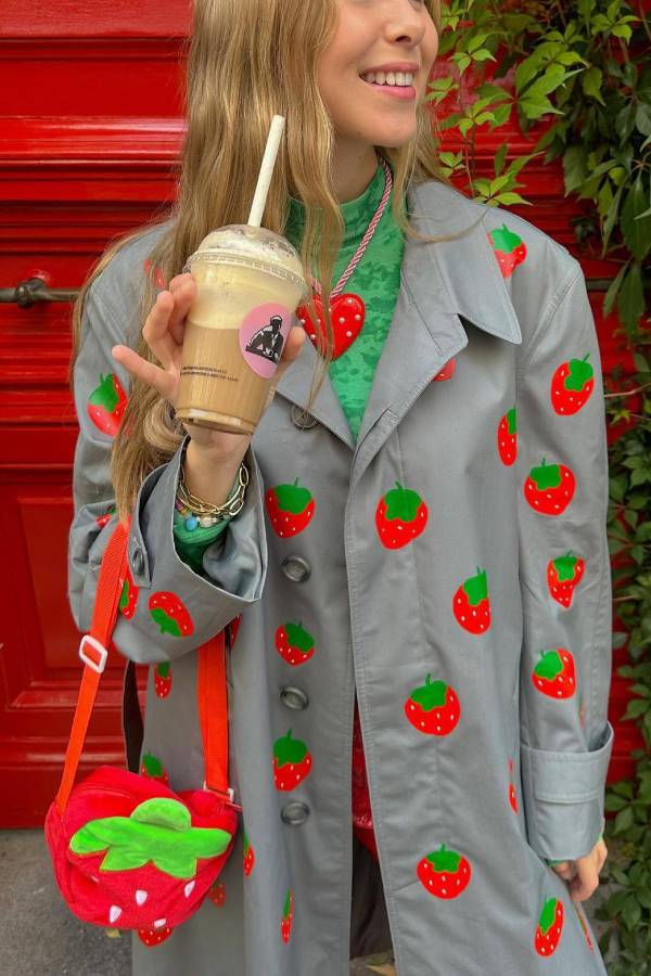 Fashion Fruit Print Long Coat Cherry Trench Coat
