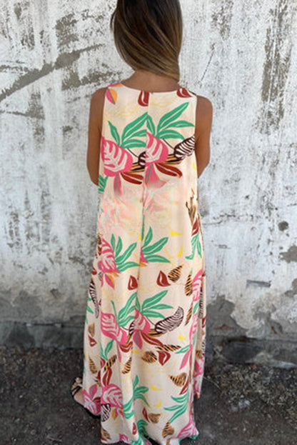 Vestido largo informal holgado con cuello en V y bolsillos y estampado botánico