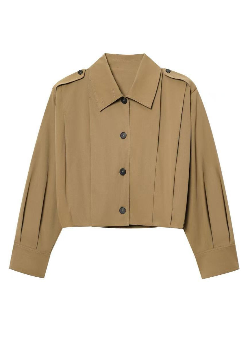 Cropped Button-Up Jacket with Epaulettes – Khaki