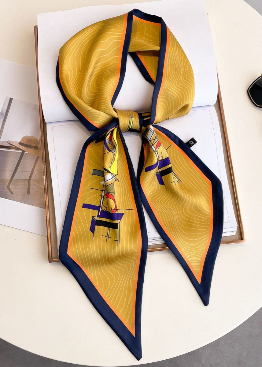 Versina - Geometric Gold Print Silk Twilly Scarf