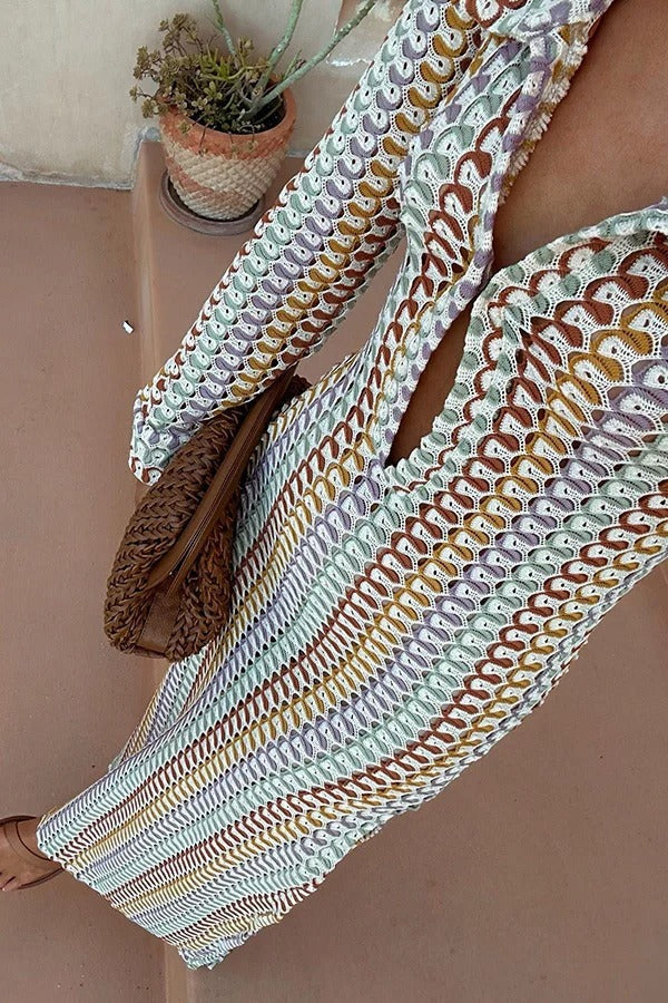 Vestido largo de vacaciones de manga larga con estampado de ondas coloridas de punto Bondi Beach