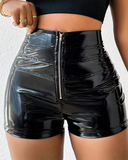 PU High-Waisted Elastic Splicing Shorts