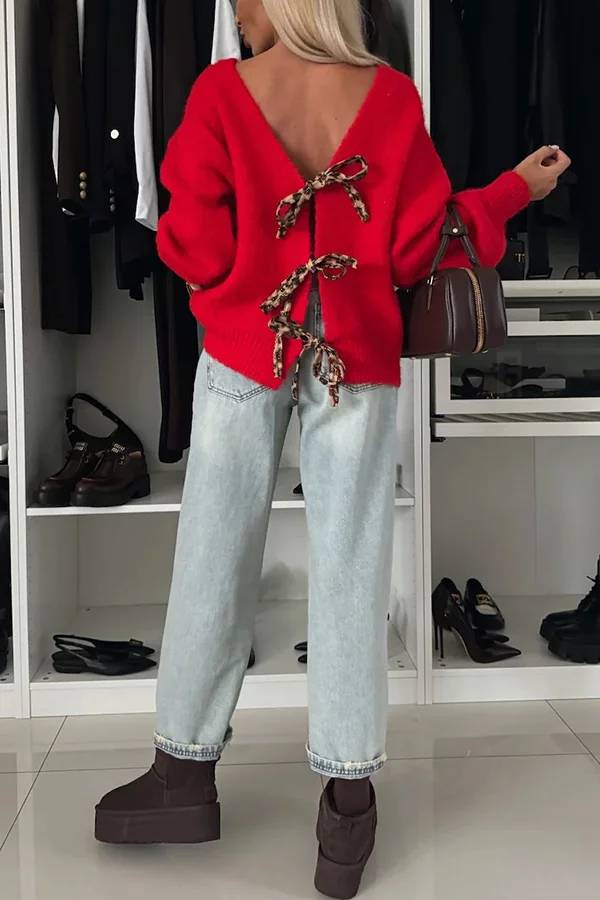 Fashionable Charm Knit Back Leopard Print Bow Tie-up Relaxed Sweater