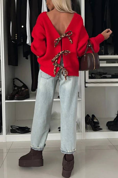 Fashionable Charm Knit Back Leopard Print Bow Tie-up Relaxed Sweater