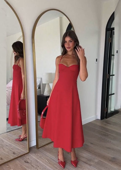 Crimson Lace-Up – Strappy Back Midi Dress with Sweetheart Neckline