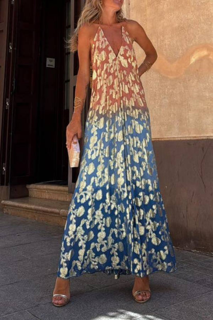 Vestido largo Bianca con cuello halter, corte A y estampado floral dorado degradado con efecto tie-dye