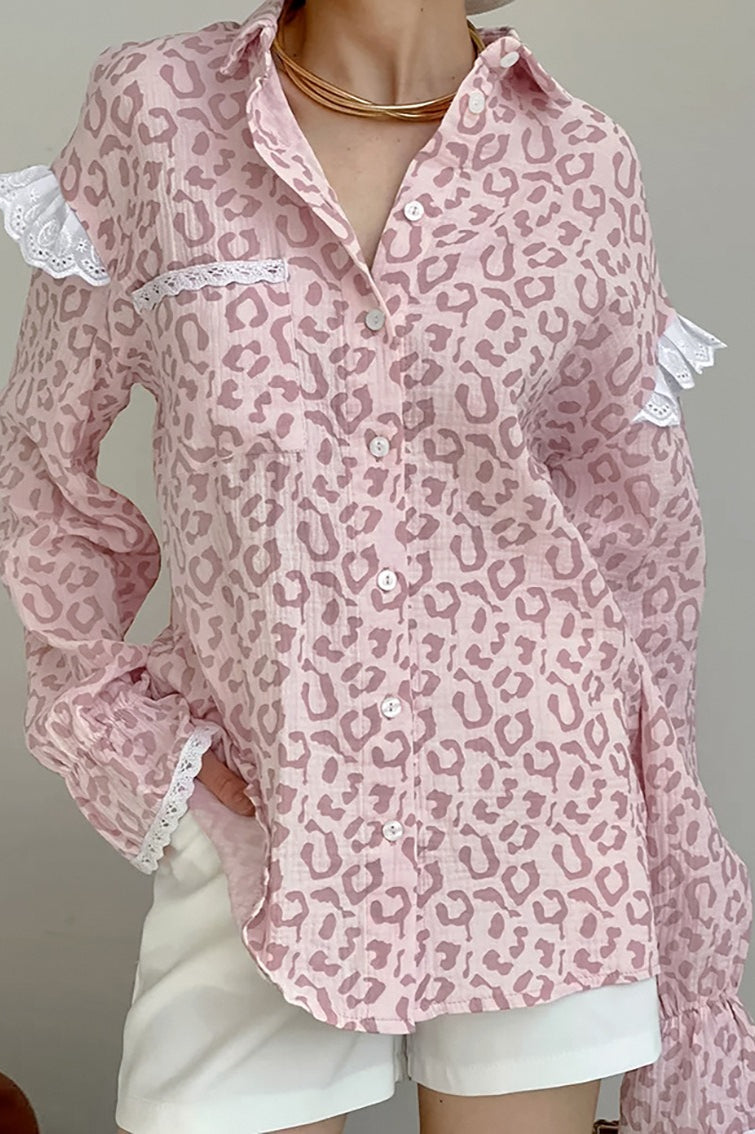 Elegant Leopard Print Cotton Long Sleeve Blouse