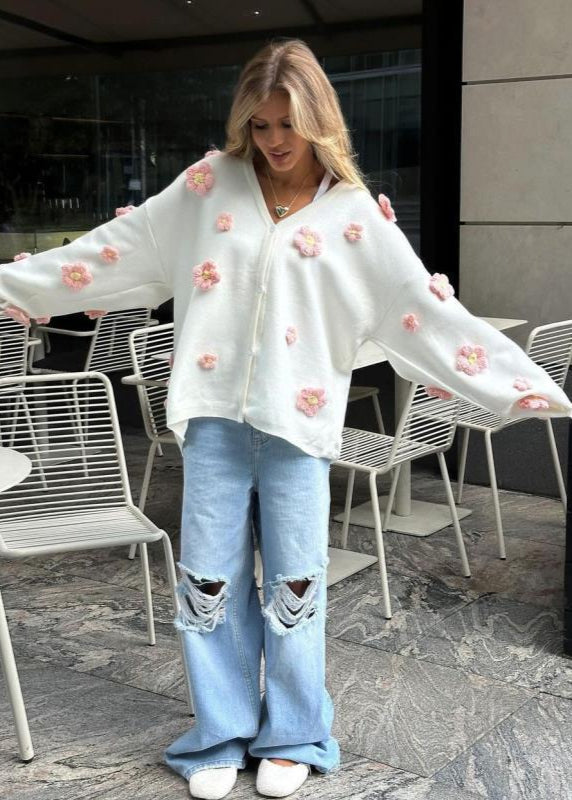 Blush Bloom - 3D Floral Knit Cardigan with V-Neck