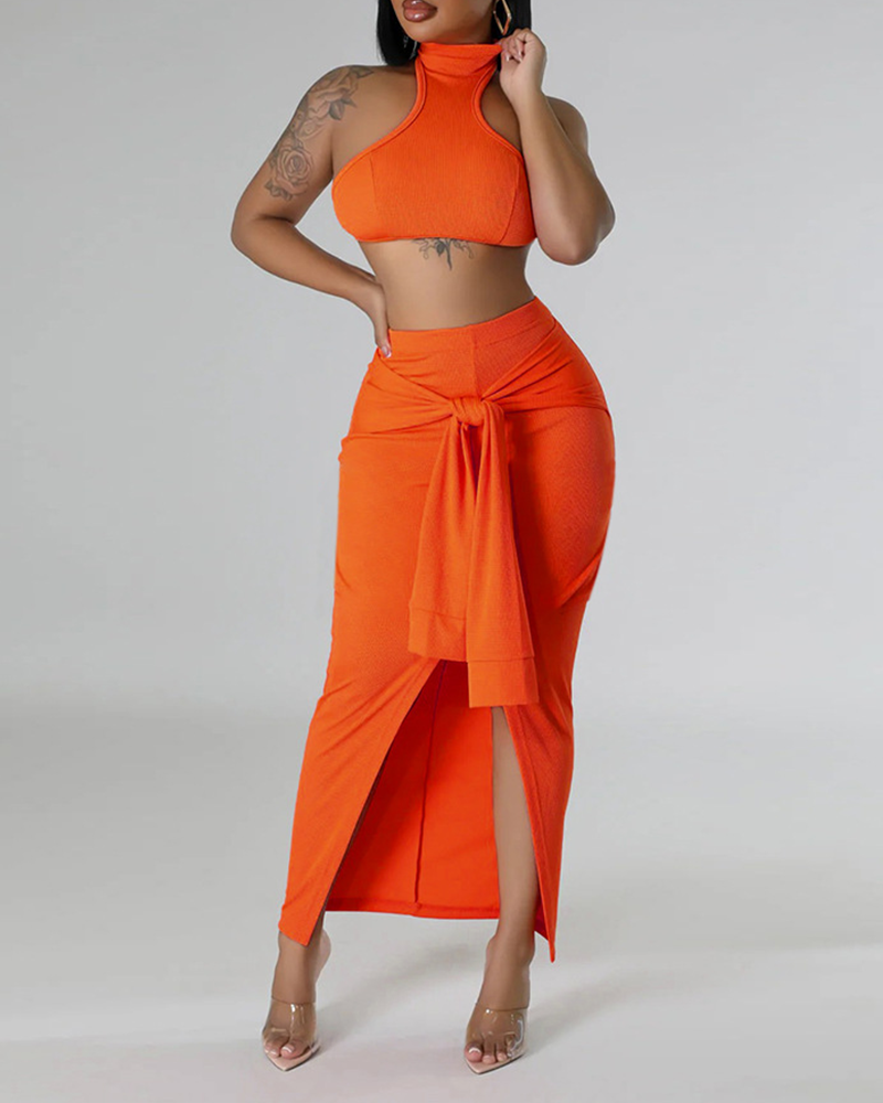 Solid Color Lace-Up Sleeveless Set