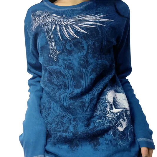 2000s T Shirt Graphic Clothes Punk Gothic Aesthetic Women Printing Round Neck Long Sleeve Tops y2k Egirl Tee Streetwear