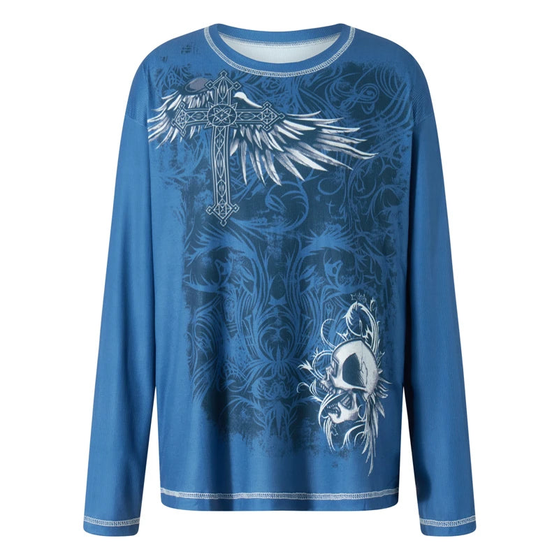 2000s T Shirt Graphic Clothes Punk Gothic Aesthetic Women Printing Round Neck Long Sleeve Tops y2k Egirl Tee Streetwear