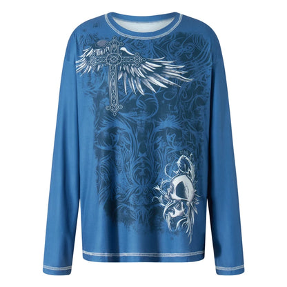 2000s T Shirt Graphic Clothes Punk Gothic Aesthetic Women Printing Round Neck Long Sleeve Tops y2k Egirl Tee Streetwear