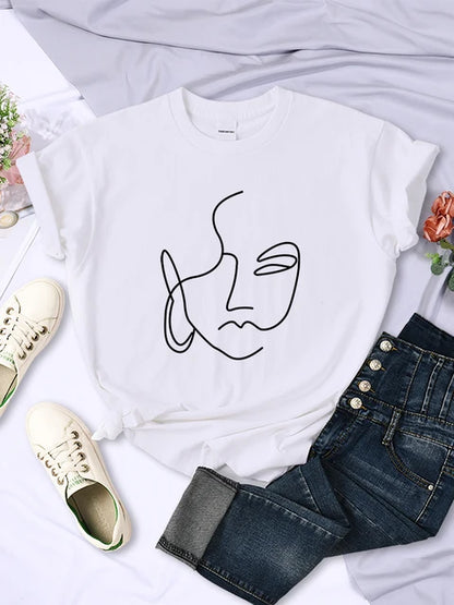 Abstract Simple Stroke Face Prints Women T-Shirts Hip Hop Breathable Short Sleeve Soft Street Casual Tops Female Tee Clothing