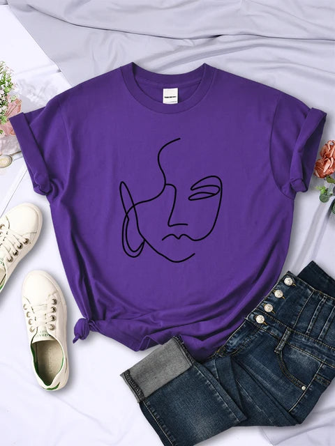 Abstract Simple Stroke Face Prints Women T-Shirts Hip Hop Breathable Short Sleeve Soft Street Casual Tops Female Tee Clothing