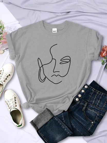 Abstract Simple Stroke Face Prints Women T-Shirts Hip Hop Breathable Short Sleeve Soft Street Casual Tops Female Tee Clothing