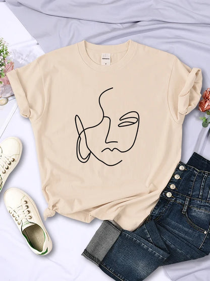 Abstract Simple Stroke Face Prints Women T-Shirts Hip Hop Breathable Short Sleeve Soft Street Casual Tops Female Tee Clothing