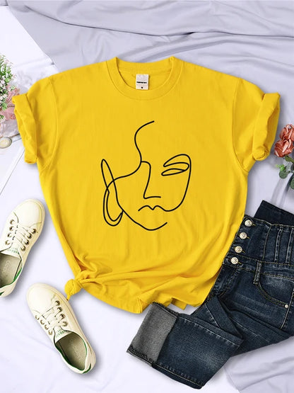 Abstract Simple Stroke Face Prints Women T-Shirts Hip Hop Breathable Short Sleeve Soft Street Casual Tops Female Tee Clothing