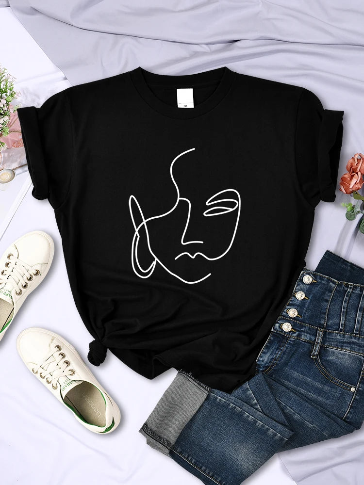 Abstract Simple Stroke Face Prints Women T-Shirts Hip Hop Breathable Short Sleeve Soft Street Casual Tops Female Tee Clothing