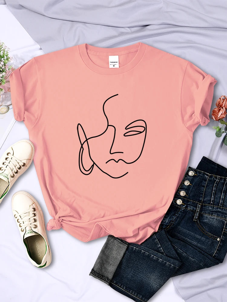 Abstract Simple Stroke Face Prints Women T-Shirts Hip Hop Breathable Short Sleeve Soft Street Casual Tops Female Tee Clothing