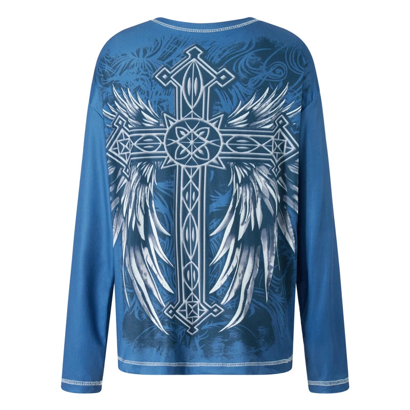 2000s T Shirt Graphic Clothes Punk Gothic Aesthetic Women Printing Round Neck Long Sleeve Tops y2k Egirl Tee Streetwear