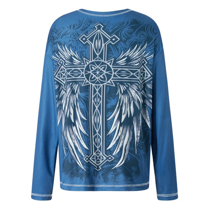 2000s T Shirt Graphic Clothes Punk Gothic Aesthetic Women Printing Round Neck Long Sleeve Tops y2k Egirl Tee Streetwear