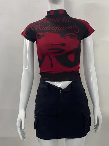 Aesthetic Short Sleeve T-shirt Summer Y2k Clothes Gothic Girl Crop Tops Print Vintage Women Casual Baby Tee Streetwear