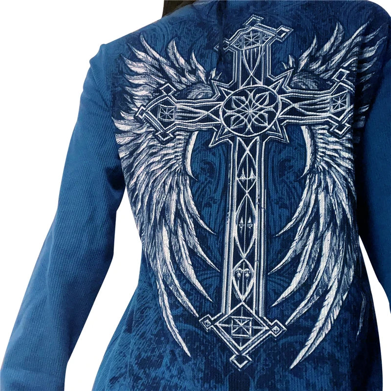 2000s T Shirt Graphic Clothes Punk Gothic Aesthetic Women Printing Round Neck Long Sleeve Tops y2k Egirl Tee Streetwear